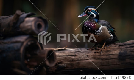 A wood duck bird portrait. Blurry background. Generative AI A wood duck bird portrait. Blurry background. Generative AI 115149858