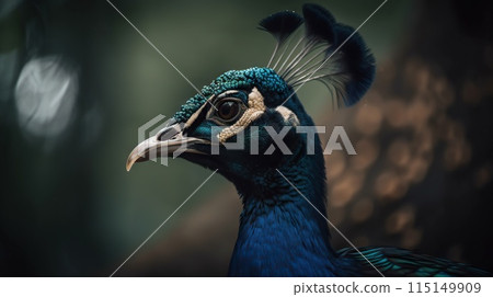 Close up photo of Peafowl bird on forest background. Generative AI Close up photo of Peafowl bird on forest background. Generative AI 115149909