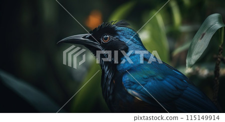 Blue Bird-of-Paradise close up with plants background. Generative AI 115149914