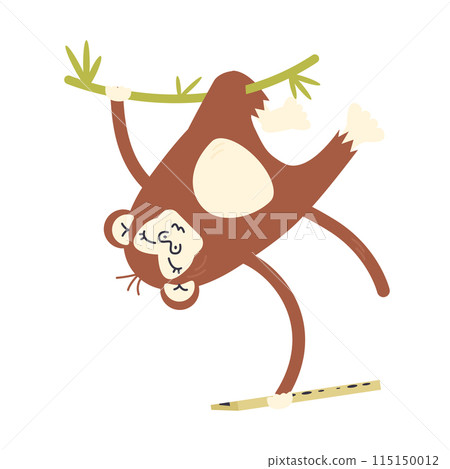 Ape baby animal hanging on vine and holding flute 115150012