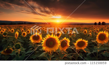 Panoramic field of sunflowers on sunset. Generative AI 115150059
