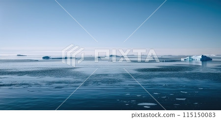 Winter sea landscape with floating ice fragments on still cold water. Generative AI 115150083