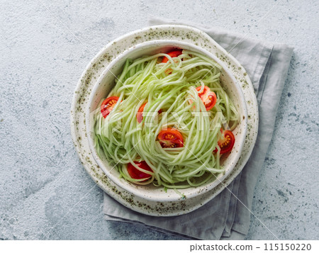 Zucchini noodles salad. Top view, copy space Zucchini noodles salad. Top view, copy space 115150220