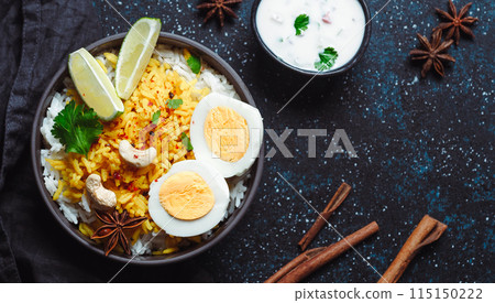 Indian Egg Biryani or anda rice, copy space 115150222