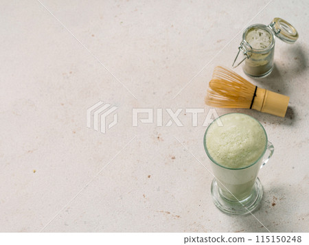 Green foam texture of matcha latte, close up Green foam texture of matcha latte, close up 115150248