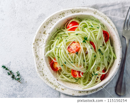 Zucchini noodles salad. Top view, copy space 115150254