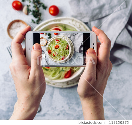 Zucchini noodles salad. Top view, copy space 115150275