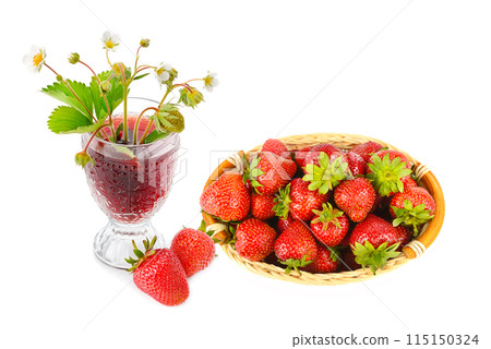 Ripe strawberries in a basket and berry juice in a glass isolated on white. Collage. Free space for text. 115150324