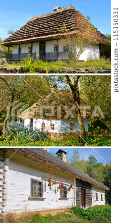 Old ukrainian house, Open-air museum of ukrainian architecture, Kiev, Pirogovo, Ukraine, Pirogovo Kiev. Collage. 115150331