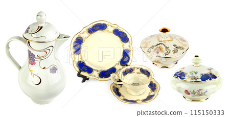 Vintage porcelain tableware isolated on white. Collage. Wide photo. 115150333