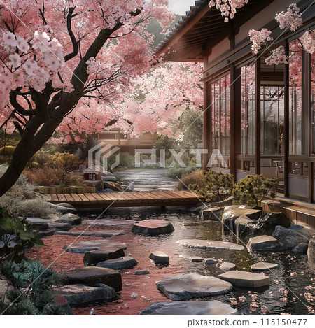 Image of a charming house with cherry blossom trees in a beautiful landscape 115150477