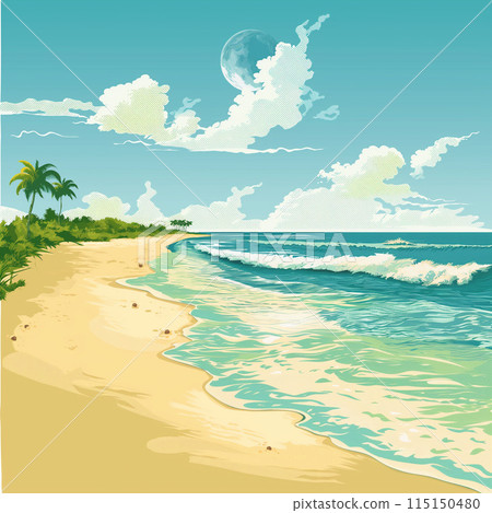 Pixel art of a tranquil beach with palm trees, waves, and clear sky 115150480