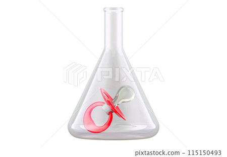 Chemical flask with baby pacifier inside. Biotechnology research rejuvenation, immortality or paternity DNA testing, concept. 3D rendering Chemical flask with baby pacifier inside. Biotechnology research rejuvenation, immortality or paternity DNA testing, concept. 3D rendering 115150493