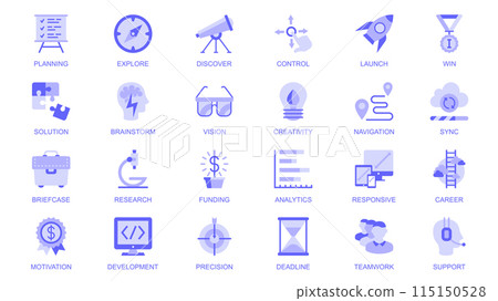 Startup web icons set in duotone flat design. Pack pictograms with planning, explore, discover, launch, win, solution, brainstorm, vision, creativity, sync, briefcase, research. Vector illustration. 115150528