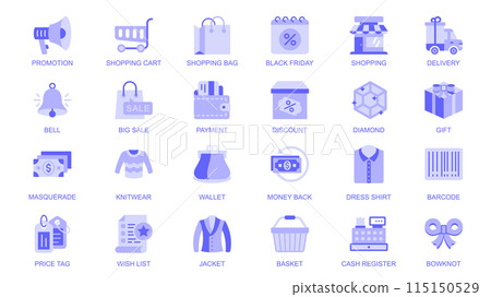 Shopping web icons set in duotone flat design. Pack pictograms with promotion, cart, bag, black friday, delivery, big sale, payment, discount, diamond, gift, money, wallet, price. Vector illustration. 115150529