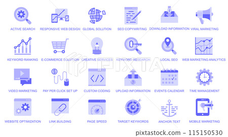 SEO optimization web icons set in duotone flat design. Pack pictograms with active search, global solution, copywriting, download information, viral marketing, keyword ranking. Vector illustration. SEO optimization web icons set in duotone flat design. Pack pictograms with active search, global solution, copywriting, download information, viral marketing, keyword ranking. Vector illustration. 115150530