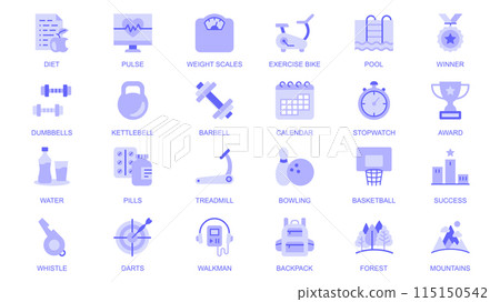 Fitness web icons set in duotone flat design. Pack pictograms with diet, pulse, weight scales, exercise bike, pool, winner, dumbbell, kettlebell, barbell, stopwatch, award, other. Vector illustration. Fitness web icons set in duotone flat design. Pack pictograms with diet, pulse, weight scales, exercise bike, pool, winner, dumbbell, kettlebell, barbell, stopwatch, award, other. Vector illustration. 115150542