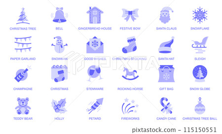 Christmas web icons set in duotone flat design. Pack pictograms with festive tree, bell, gingerbread house, bow, Santa Claus, snowflake, paper garland, snowman, stocking, other. Vector illustration. 115150551