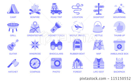 Camping web icons set in duotone flat design. Pack pictograms with camp, bonfire, road, trip, location, signpost, mountains, grill, orienteering, travel, kettle, compass, other. Vector illustration. 115150552