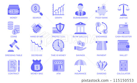 Business and finance web icons set in duotone flat design. Pack pictograms with money, graph, businessman, piggy bank, justice, coins, handshake, exchange, cash, diamond, other. Vector illustration. Business and finance web icons set in duotone flat design. Pack pictograms with money, graph, businessman, piggy bank, justice, coins, handshake, exchange, cash, diamond, other. Vector illustration. 115150553