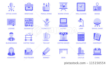 Business workspace web icons set in duotone flat design. Pack pictograms with office chair, briefcase, pencil stand, wall clocks, license, bookshelf, flowerpot, laptop, other. Vector illustration. Business workspace web icons set in duotone flat design. Pack pictograms with office chair, briefcase, pencil stand, wall clocks, license, bookshelf, flowerpot, laptop, other. Vector illustration. 115150554