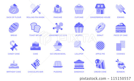 Bakery web icons set in duotone flat design. Pack pictograms with flour sack, whisk, rolling pin, cupcake, toast, bread, muffin, donut, cake, candy cane, ice cream, pie, other. Vector illustration. 115150557