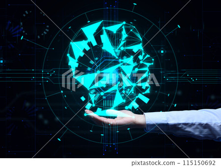 The concept of teaching artificial intelligence to various tasks, replacing human mental labor. Above the female hand is a luminous hologram of the head 115150692