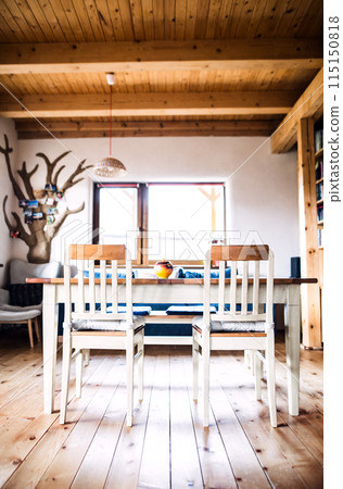 Interior of kitchen in vintage rustic style with wooden furniture in a cottage 115150818