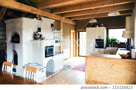 Interior of kitchen in vintage rustic style with wooden furniture in a cottage 115150823
