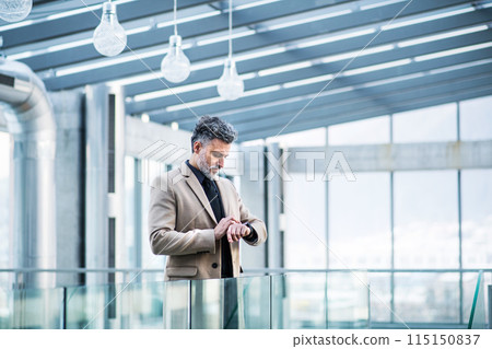 Handsome businessman standing in modern office hallway, checking time on smartwatch. Handsome businessman standing in modern office hallway, checking time on smartwatch. 115150837