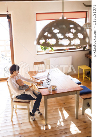 Mother with small baby working from homeoffice, typing on laptop. Mom paying bills online, holding small baby. Mother with small baby working from homeoffice, typing on laptop. Mom paying bills online, holding small baby. 115151073