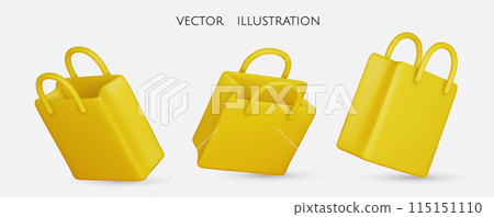 Set of colour yellow realistic shopping bags in realistic style. Stylish fashionable bag isolated on white background. 3D Vector illustration 115151110
