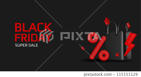 Black Friday super sale. Promo background with realistic 3d cartoon style elements, black gift, percent symbols, stars, percent symbols. Promotion banner, web poster. vector illustration Black Friday super sale. Promo background with realistic 3d cartoon style elements, black gift, percent symbols, stars, percent symbols. Promotion banner, web poster. vector illustration 115151129