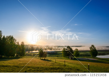 Serene Sunrise Over Misty Green Landscape with Clear Sky, Pond, and Tranquil Environment 115151438