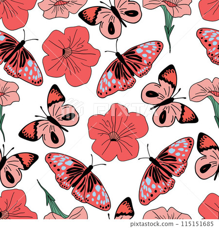 Butterflies petunia flat design seamless pattern Butterflies petunia flat design seamless pattern 115151685