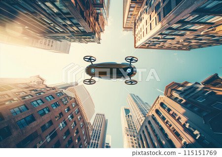 Flying car flying through the gaps between buildings in a big city 2 Flying car flying through the gaps between buildings in a big city 2 115151769