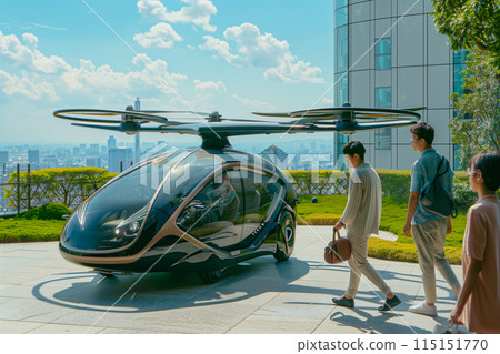 人們試圖進入飛行汽車_建築物的屋頂1 人們試圖進入飛行汽車_建築物的屋頂1 115151770