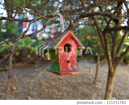 Handmade birdhouse in the garden. Selective focus. nature. Small wooden birdhouse in the park 115151785