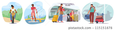 Set Of People Traveling With Pets. Characters Biking, Paddle Boarding, Waiting At A Train Station, Walking In Airport 115151878