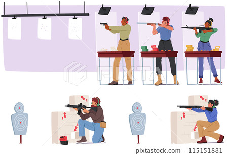 Diverse Group Of Characters Engaged In Target Practice At A Shooting Range. Men And Women Focusing On Shooting Skills 115151881