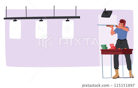 Focused Man Practicing Shooting At Indoor Range. Male Character In Ear Protection Stands Confidently, Aiming A Rifle Focused Man Practicing Shooting At Indoor Range. Male Character In Ear Protection Stands Confidently, Aiming A Rifle 115151897