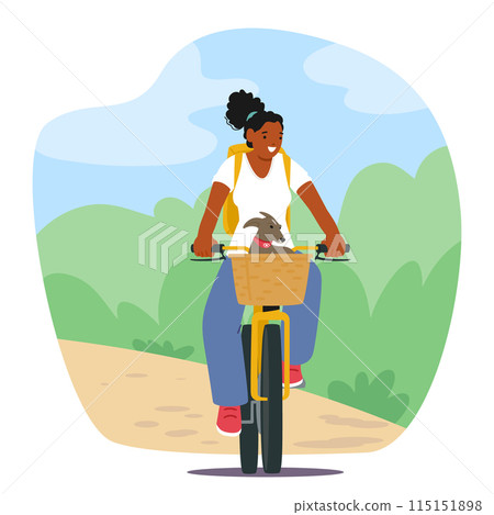 Young African American Woman Enjoying A Bike Ride With Her Dog Sits In The Front Basket, Vector Illustration 115151898
