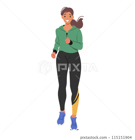 Young, Active Woman Jogging, Exudes A Sense Of Motion And Healthy Lifestyle, Front View. Concept Of Fitness And Wellness 115151904