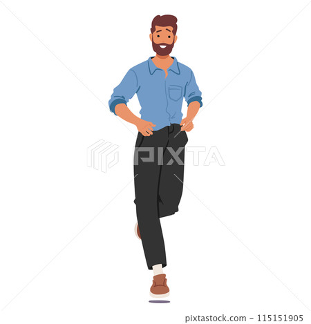 Confident Young Man Casually Walking Forward, Male Character with Stylish Beard, Blue Shirt And Black Trousers 115151905