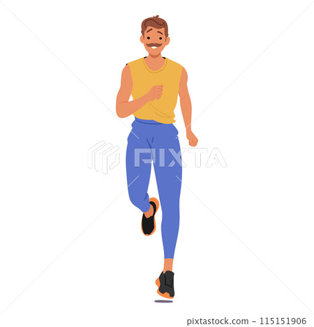 Young, Fit Male Character Jogging Front View In A Casual, Vibrant Sportswear. Concept Of Of Health, Vitality And Fitness 115151906