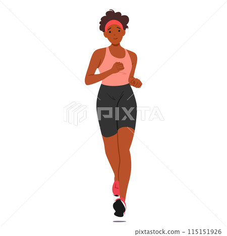 Fit Young African American Woman Jogging Front View. Female Character Wear Pink Tank Top, Black Shorts And Running Shoes 115151926