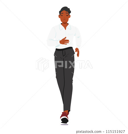 Young Professional Black Male Character Confidently Walking Front View, Dressed In Smart Casual Office Attire, Vector 115151927