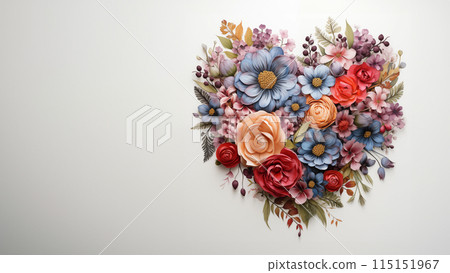 The heart is made up of flowers in pink, purple, blue and brown. Copy space. 115151967