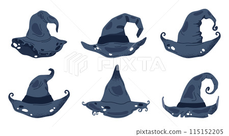 Thorn wizard hats. Halloween witch pointy hats, trick or treat october party magic costume element flat vector illustration set. Spooky magician hats collection 115152205