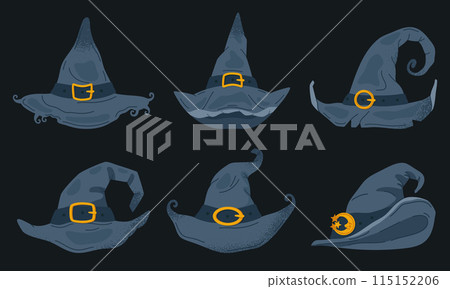 Witch pointy hats. Wizard hats with golden buckles, Halloween trick or treat october party magic costume elements flat vector illustration set. Spooky magician hats Witch pointy hats. Wizard hats with golden buckles, Halloween trick or treat october party magic costume elements flat vector illustration set. Spooky magician hats 115152206